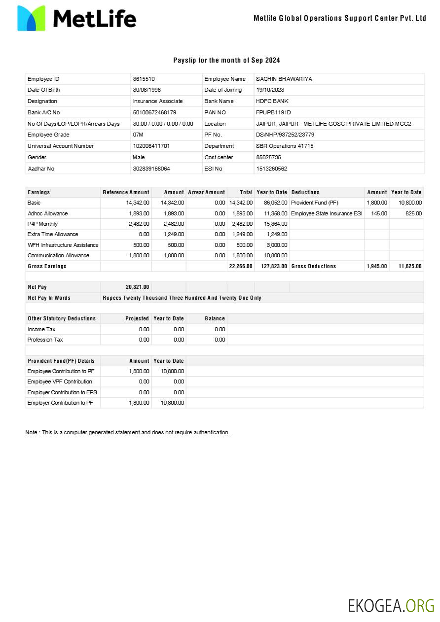 Modèle de fiche de paie du Metlife Global Operations Support Center aux formats Word et PDF.pdf, 1